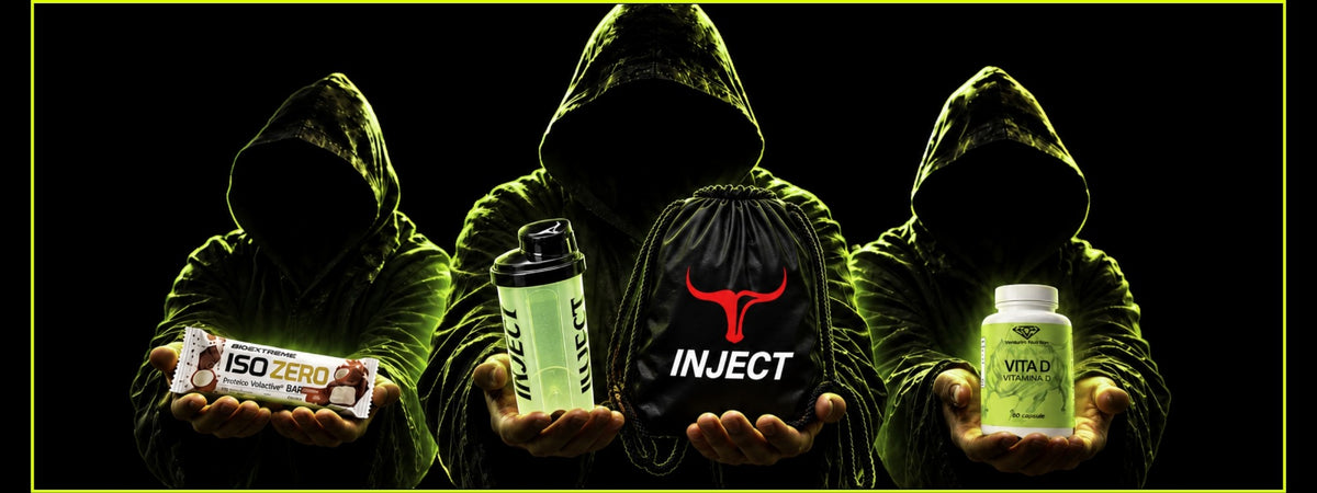 I quattro omaggi di Halloween: barretta Iso Zero, shaker Inject, gym bag Inject e Vitamina D Venturini Nutrition