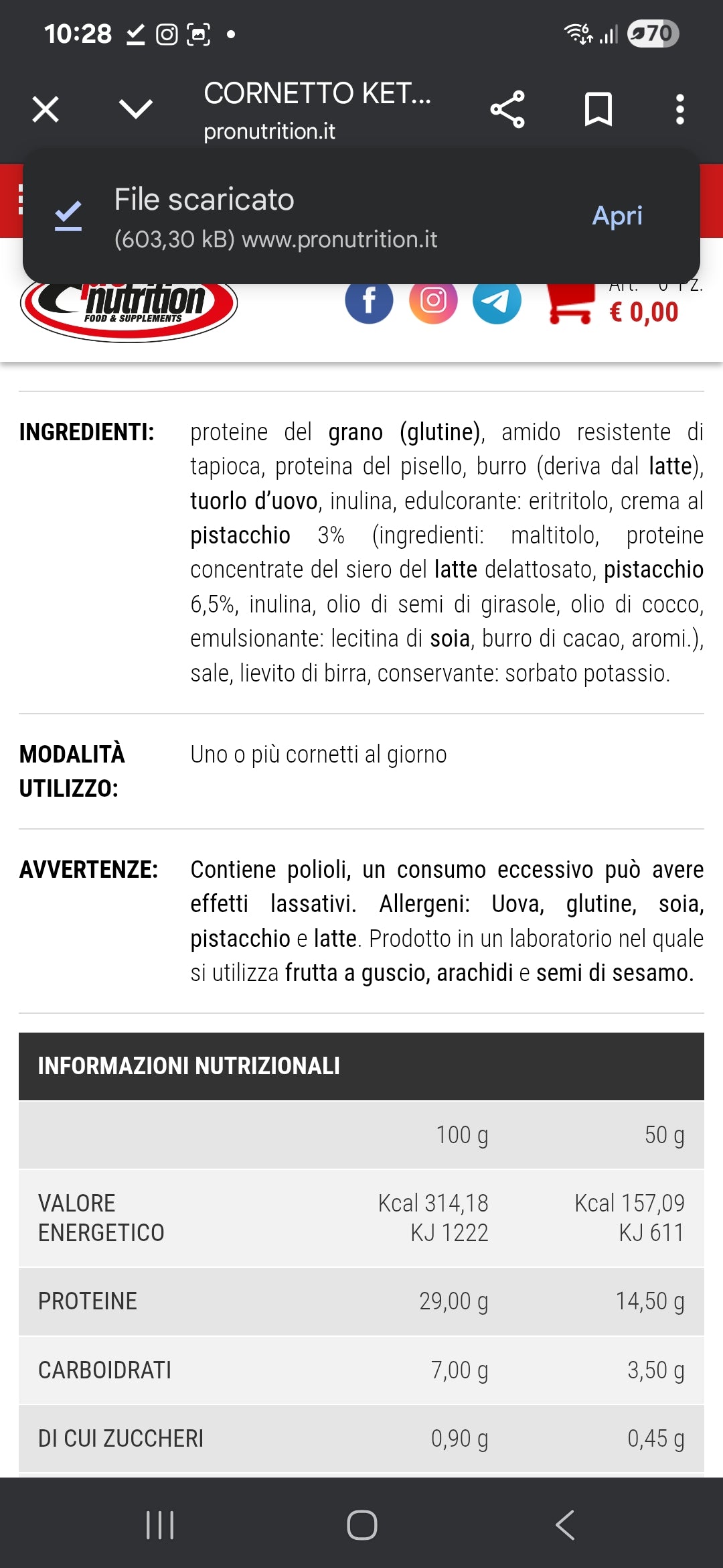 CORNETTO KETO CREMA PISTACCHIO50G