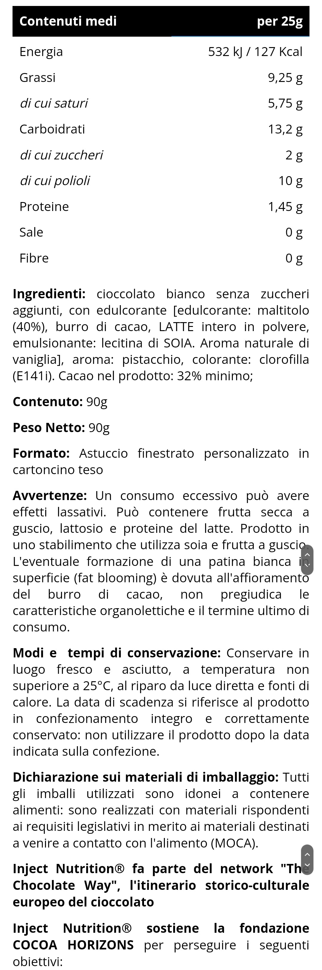 Tavoletta di Cioccolato Bianco al gusto di Pistacchio senza zuccheri aggiunti (90g) INJECT NUTRITION