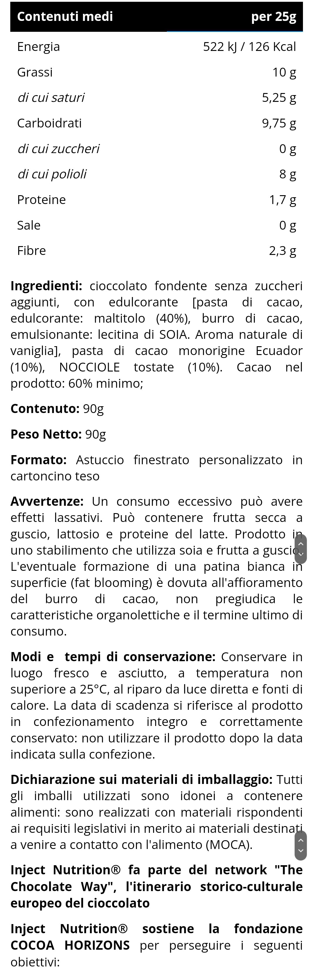 Tavoletta di Cioccolato Extra fondente con Granella di Nocciole senza zuccheri aggiunti (90g) INJECT NUTRITION