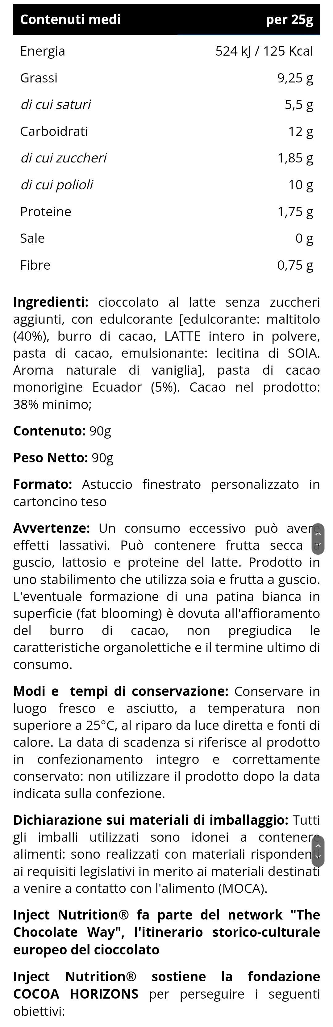 Tavoletta di Cioccolato al Latte senza zuccheri aggiunti (90g) INJECT NUTRITION