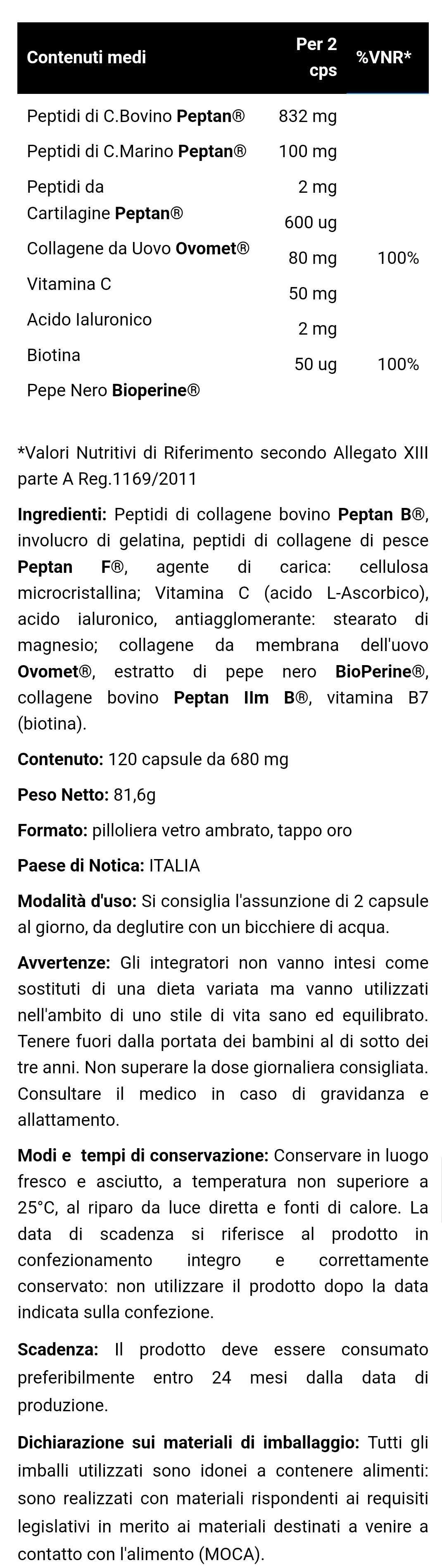 Multi Collagene 5 Types Peptan® Ovomet® Bioperine® (120cps)