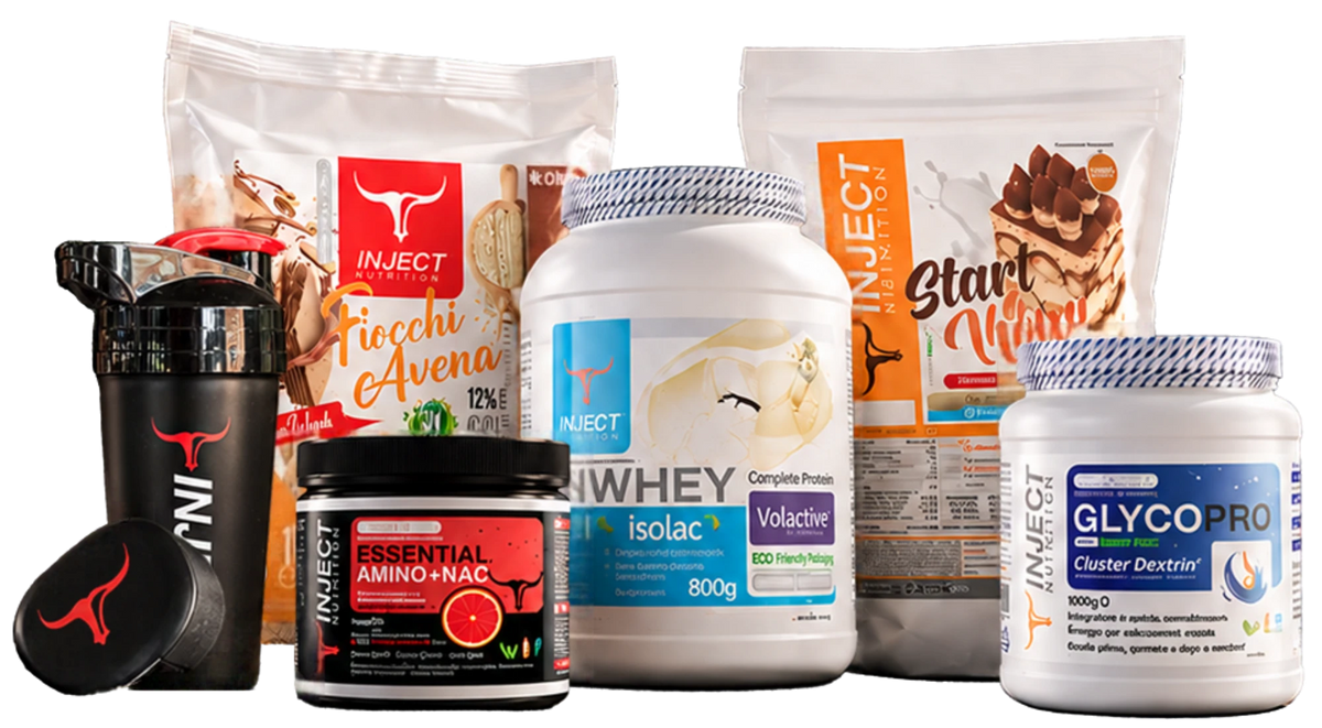 Prodotti Inject Nutrition: shaker, fiocchi d'avena, Essential Amino + NAC, whey isolata, Start Whey e Glycopro